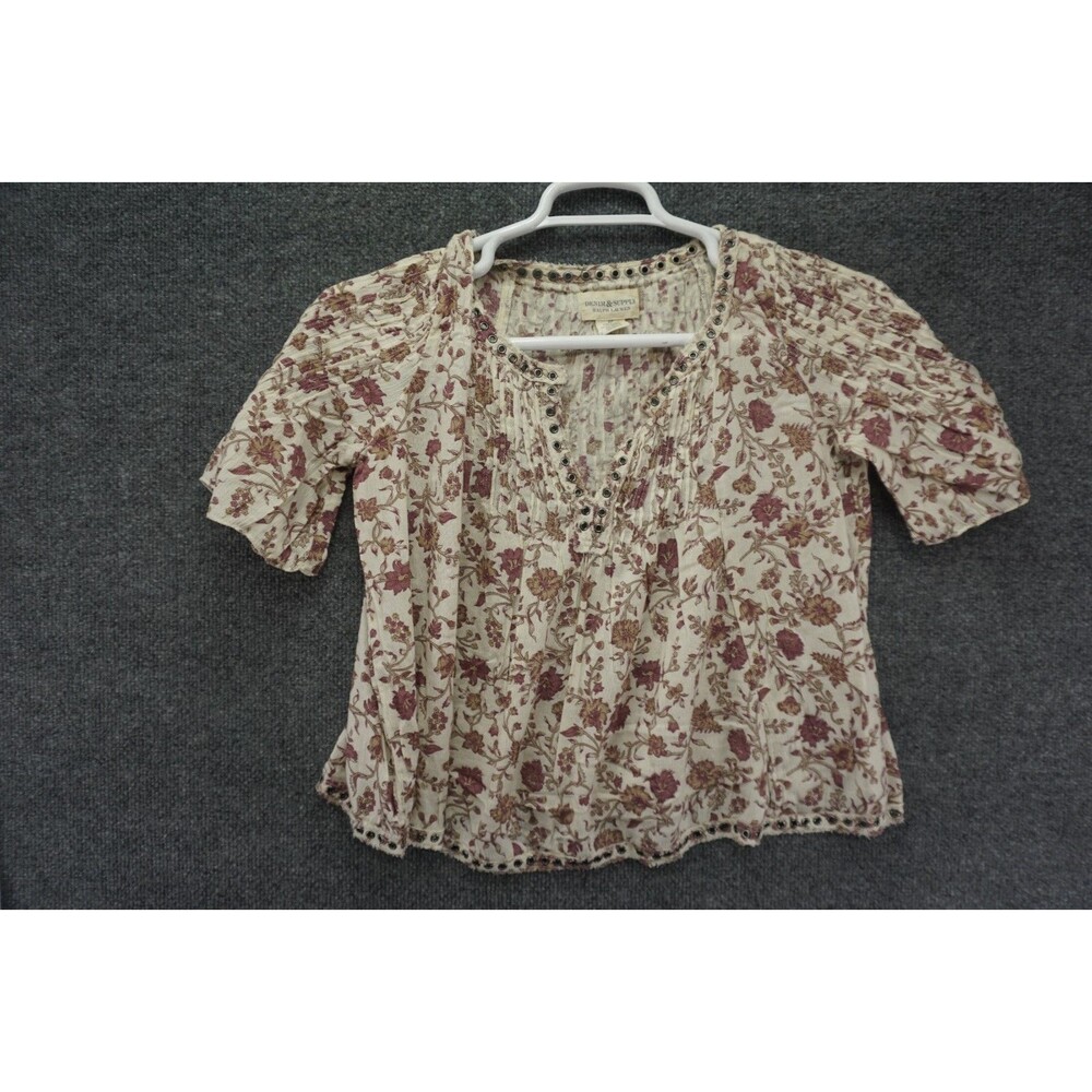 Ralph Lauren Denim Supply Floral Peasant Blouse Top Boho Pintuck V-Neck Small
